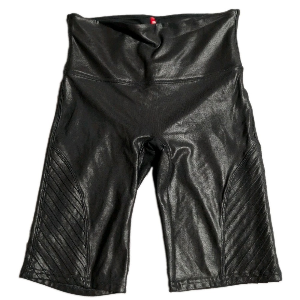 Spanx Faux Leather Moto Biker Shorts Womens L Black High Rise Shaping 20246R